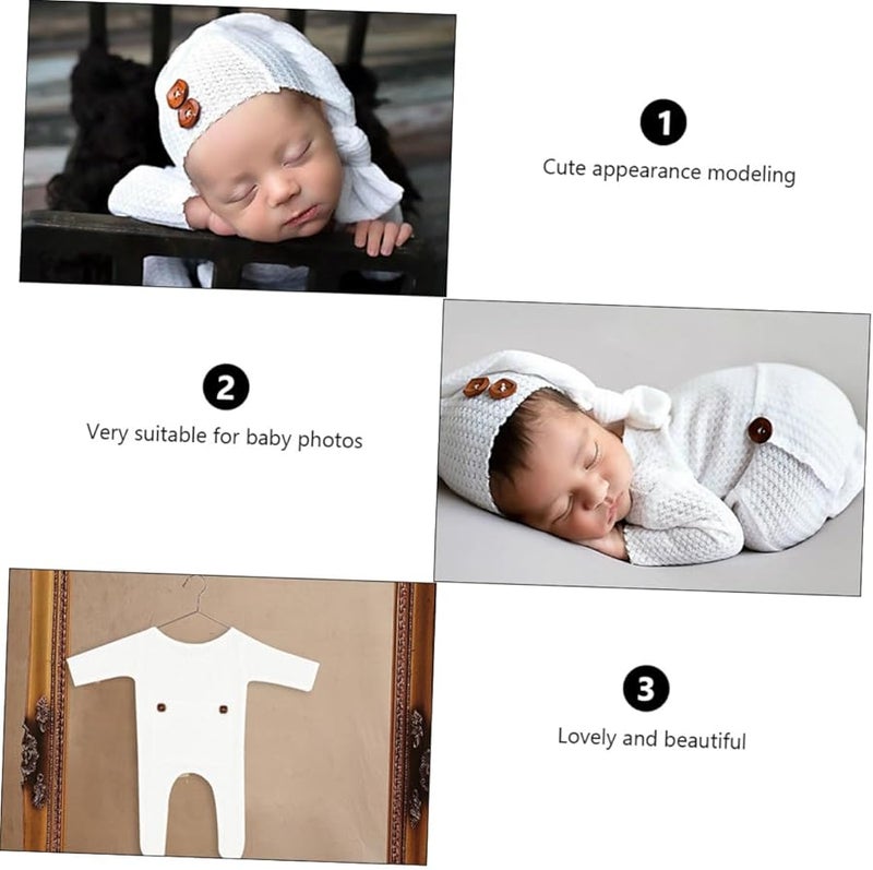 Newborn Baby Boy Knit Clothes Two Piece Set With Hat White Photography Outfit - Image 5